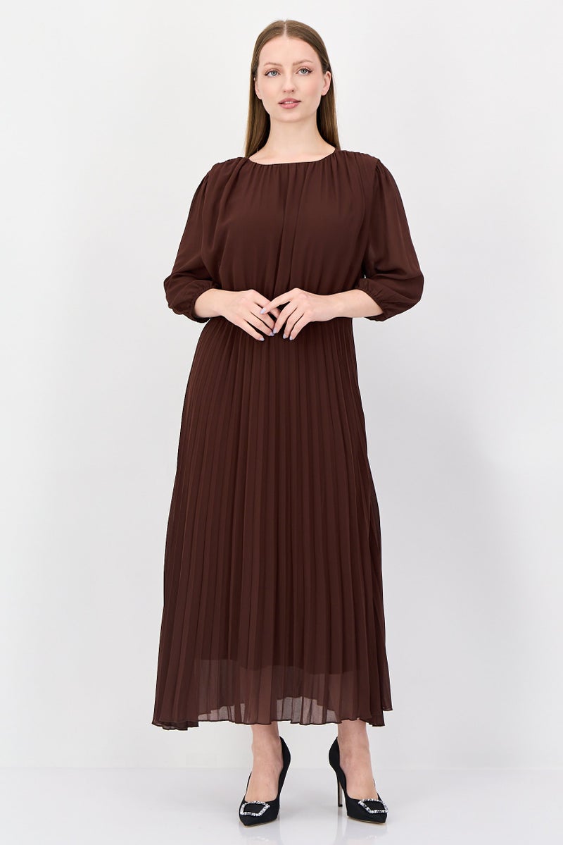 bebe Women Pleated Maxi Dress, Dark Brown - Image 1